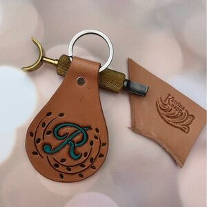 Hand-Tooled Leather Keychain with Letter R